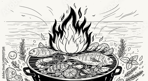 Grilled Fish and Vegetables on Barbecue.