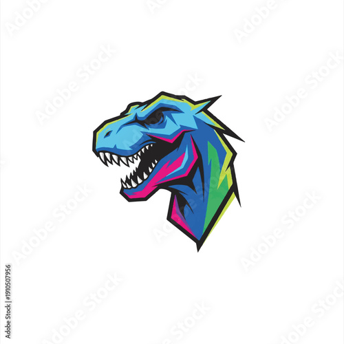Colorful T-Rex Head Illustration with Sharp Teeth and Fierce Expression.