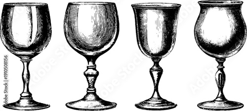 Vintage wine glass set engraving for restaurant decor and design