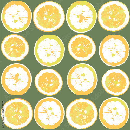 Fresh Lemon Slice Seamless Pattern on Garden Green Background