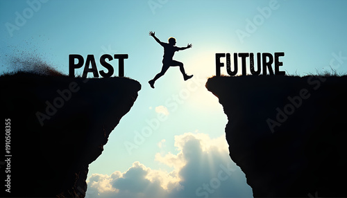 Go ahead and continuous improvement concept, silhouette man jumping on a cliff from past to future with cloud sky background