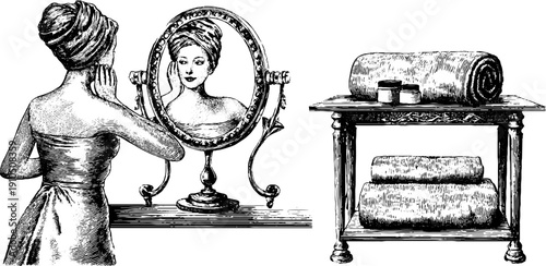 Vintage spa scene with woman applying cream and mirror for relaxation decor