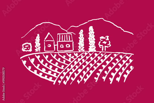 Hand drawn simple vineyard with house emblem for wine store, on burgundy background, vector illustration.