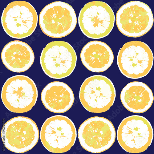 Fresh Lemon Slice Seamless Pattern on Navy Blue Background