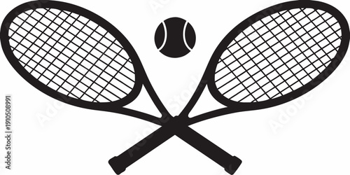 Two crossed tennis rackets framing a tennis ball in a graphic design