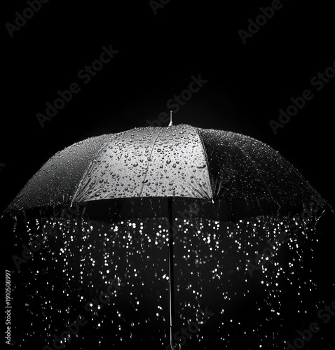 black umbrella sheltering under falling rain with sparkling droplets on a dark background, evoking calm and solitude