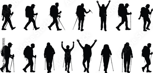 Black Silhouettes of Male and Female Hikers with Backpacks and Trekking Poles in Various Active Poses Set on Isolated White Background for Outdoor Design