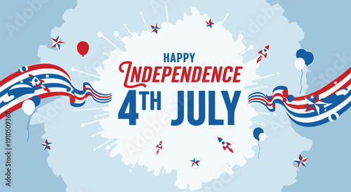 Happy 4th of July Independence Day banner with patriotic ribbons and balloons, for website or social media