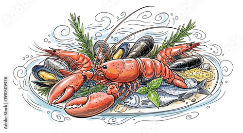 Illustration of Lobster and Seafood on Plate.