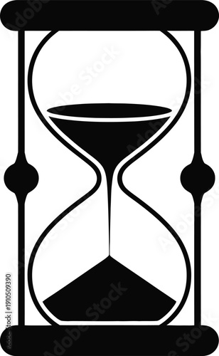Black and white hourglass vector icon illustration, representing time management, urgent deadlines, sand flowing, history, measurement, and waiting, isolated.