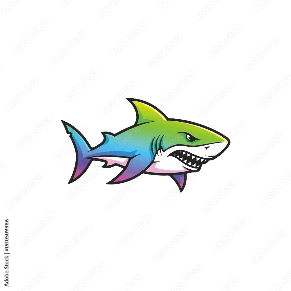 Fototapeta premium Colorful Cartoon Shark with Sharp Teeth and Angry Expression.