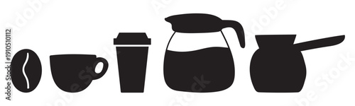 Coffee Icons Set. Black Silhouettes of Сezve, Coffee Pot, Mug, Bean and Cup. Hand Drawn Vector Illustrations on White Background.
