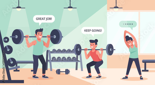 Cartoon Men Lifting Weights in Gym.