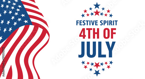 Vector illustration of American flag waving with 4th of July text, festive spirit theme, for banner or poster, isolated on transparent background, png