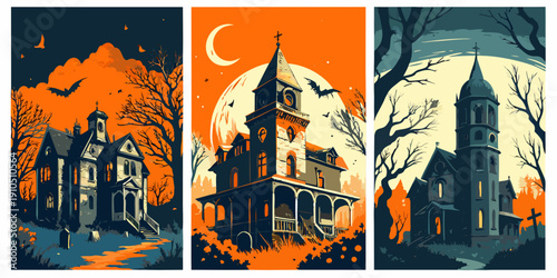 A triptych of haunted houses silhouetted against a spooky halloween night
