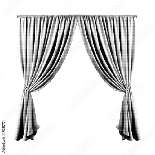 Black and white halftone illustration of elegant stage curtain. Vintage engraving style theater drapery isolated on white background, concept of performance, show opening and presentation.