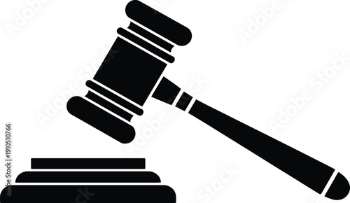 Black gavel icon on sounding block for justice, legal system, court trial, auction bid, law firm authority, and judicial judgment.