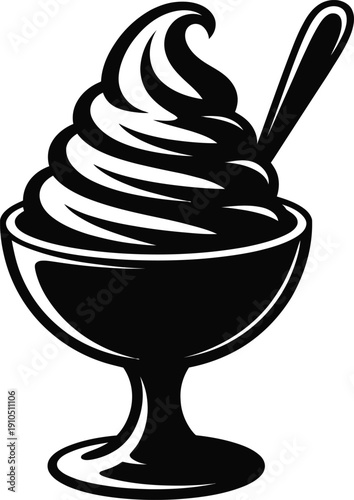 Soft Serve Ice Cream Silhouette Icon, Frozen Yogurt in Glass Bowl with Spoon, Sweet Summer Dessert Symbol, Sundae Vector Illustration.
