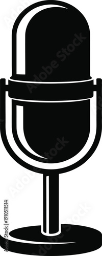 Black and white vintage microphone icon isolated on white background for podcast radio broadcast entertainment recording studio equipment and multimedia design