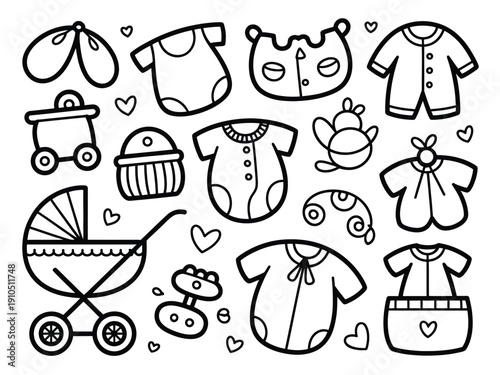 A collection of baby items including onesies, strollers, and toys in a simple line drawing style.