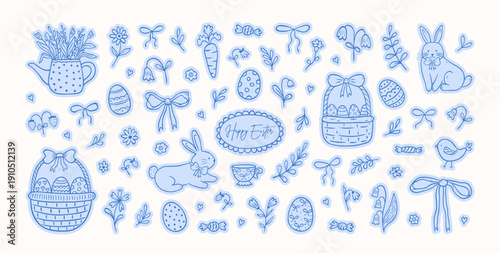 Set of hand drawn stickers for Easter in coquette style. Bows and ribbons, cute bunnies, flowers and leaves, basket, eggs drawing in whimsical blue lines. Vector cute illustration.