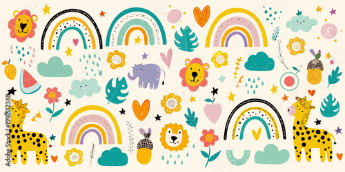 Playful cartoon illustration featuring rainbows animals and botanical elements