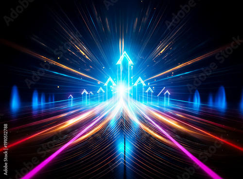 A blindingly bright central nexus explodes outwards into a dynamic tunnel of neon light and surging arrows.