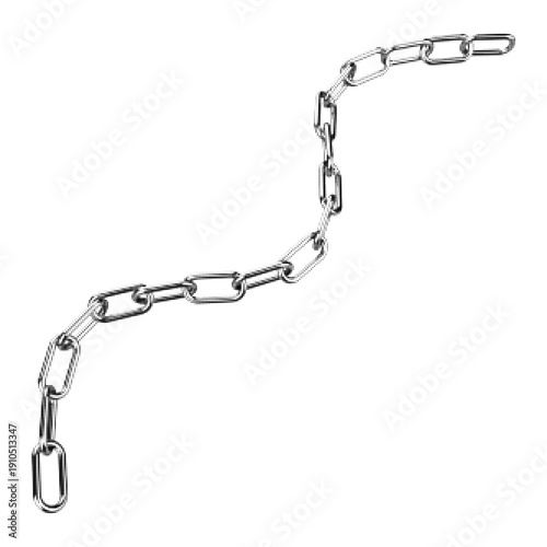 Black and white halftone illustration of metal chain in curved shape. Industrial link element isolated on white background, symbol of connection, security, strength and bondage.