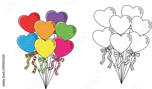 Set of colorful heart shaped balloons and black and white outline vector illustration for Valentine's Day decoration and coloring book page
