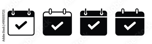 Set of four calendar icons with checkmarks, symbolizing completed tasks, confirmed dates, or scheduled events. Black and white design ideal for UI, apps, reminders, and productivity visuals.