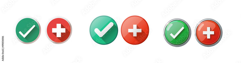 Fototapeta premium Green Check Mark and Red Plus Icons with Shadow Effects, Web Design Elements isolated on transparent background