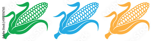 Vibrant colorful corn icons in green, blue, and orange hues .Bright and colorful illustration of an ear of corn with green husks .