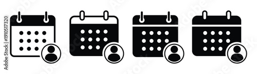 Black and white calendar icons with user profile symbols, representing personal scheduling, appointments, and event management. Perfect for UI design, productivity apps, and business planning visuals.