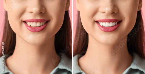 Smiling young woman on pink background, closeup