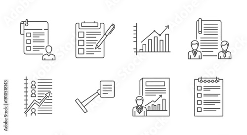 Line Icons Representing Business Documents and Graphs.
