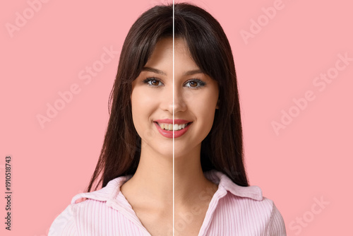 Smiling young woman on pink...