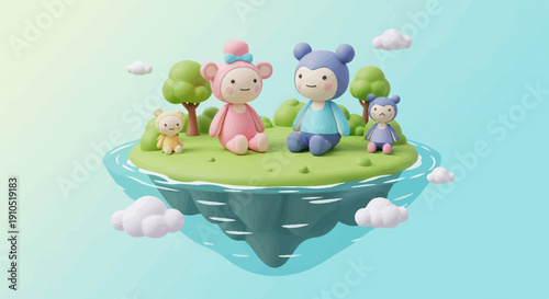 Four adorable stuffed bears sit on a floating island amidst clouds and trees