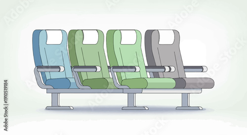 Four airplane seats in varying colors lined up