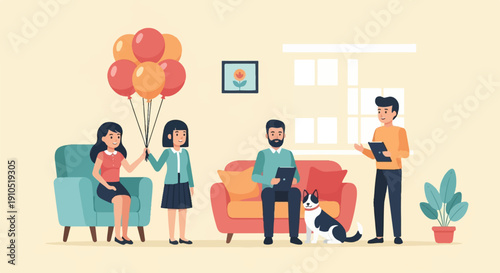 Flat design illustration of a diverse group of people and a dog in a living room