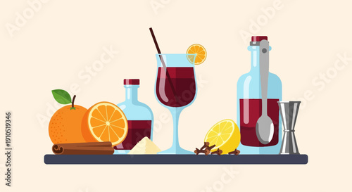 Festive drinks with citrus, spices, and bar tools arranged on a shelf