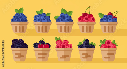 Flat illustration of assorted fresh berries in small brown baskets