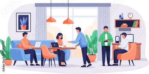 Flat illustration of diverse people collaborating in a modern office space