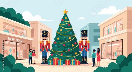 Festive holiday scene with nutcrackers, Christmas tree, gifts, and shoppers
