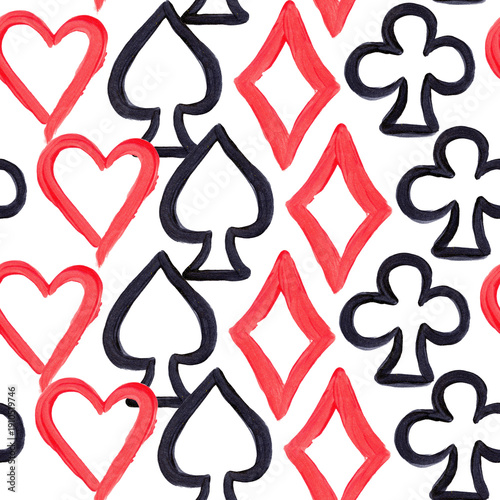 Seamless pattern with vertical stripes of hand-painted card suits on white background.
