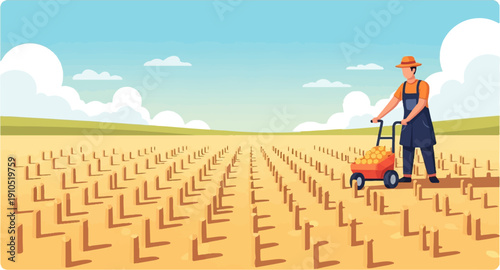 Farmer harvesting golden crops in a vast field under a cloudy sky