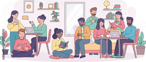 Diverse group of people collaborating and learning in a cozy indoor space