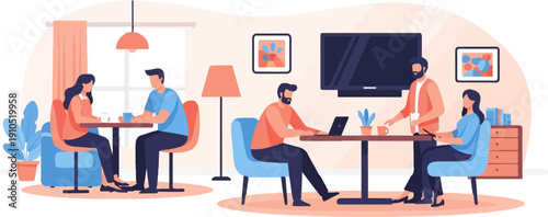 Diverse group of people collaborating and relaxing in a modern living space