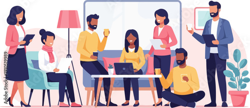 Diverse group of people collaborating in a modern, casual office setting