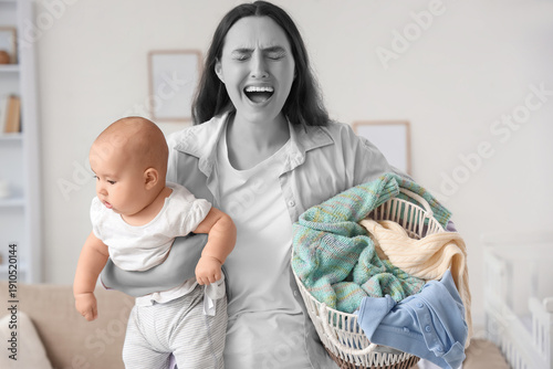 Screaming mother with her b...