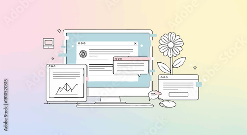 Digital design concept with computer screens, flower, and graph